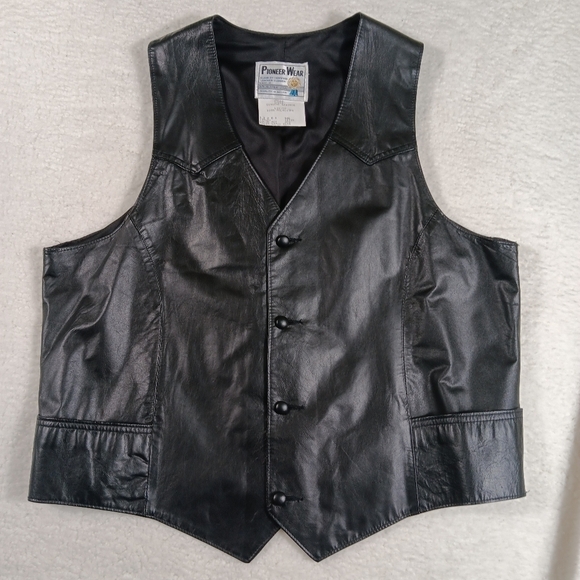 Vintage Pioneer Wear Leather Vest Mens 50L Black Western Cowboy Frontier Rodeo - Picture 1 of 9
